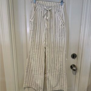 White Wide-Leg Drawstring Pants with Black Pinstripes
